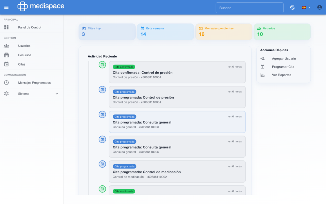 Panel de control de Medispace con citas del día y actividad reciente