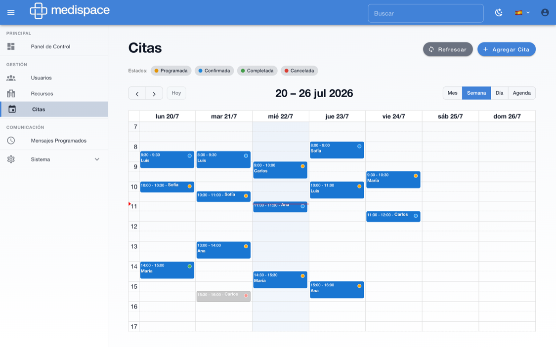 Calendario semanal de citas con estados por color