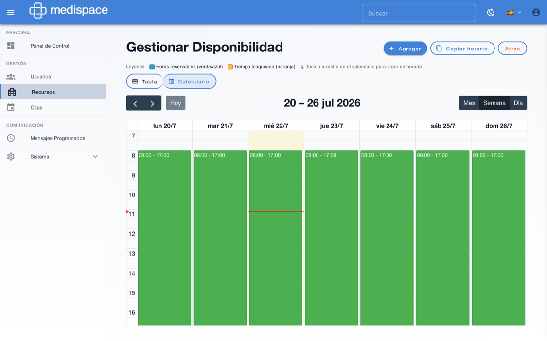 Gestión de disponibilidad con horarios semanales