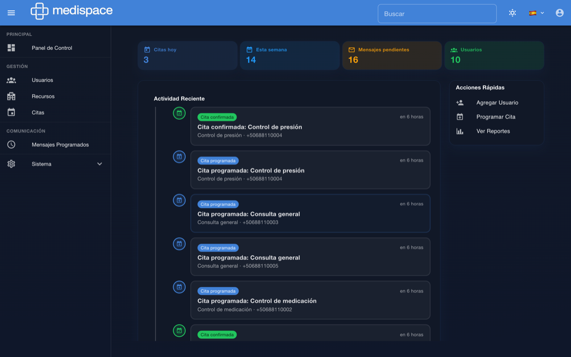 Panel de control de Medispace en modo oscuro